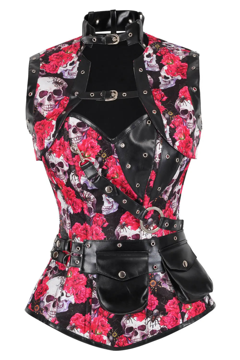Corset Tarina Skull cu Trandafiri Vibranți Overbust – Stil Steampunk