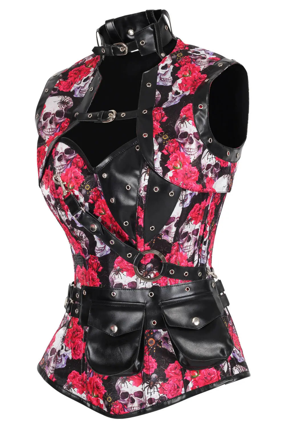 Corset Tarina Skull cu Trandafiri Vibranți Overbust – Stil Steampunk