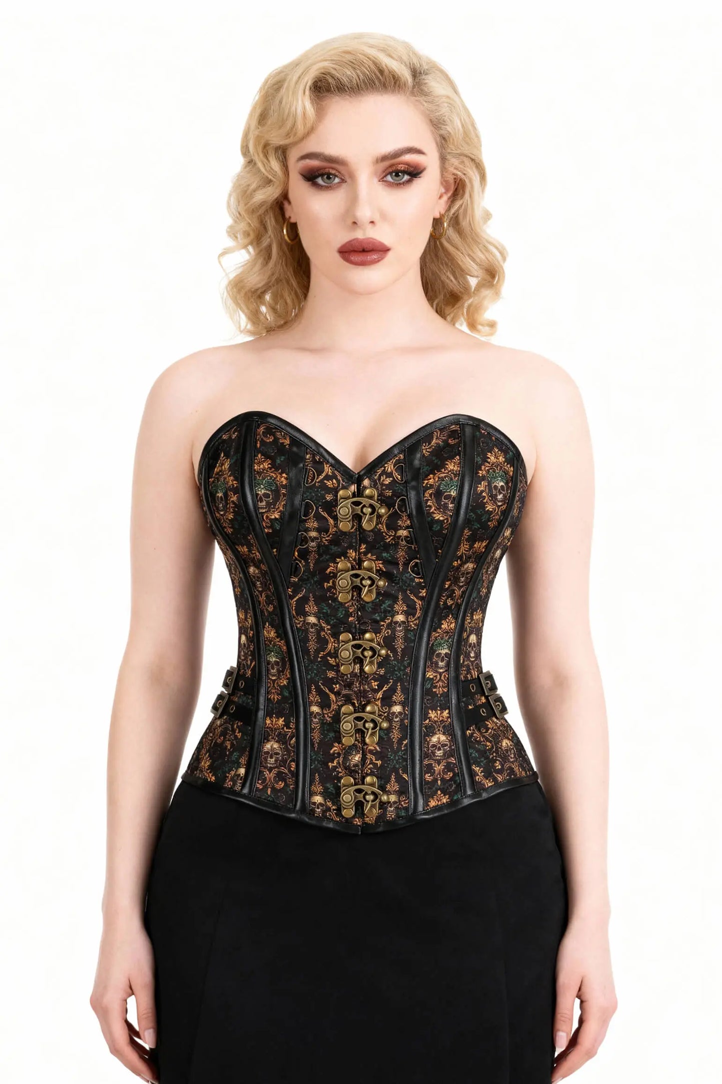 Corset Overbust Steampunk Jamiesha – Motive Baroc cu Cranii, Model Ameera