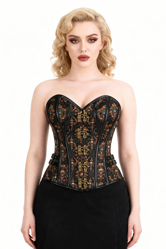 Corset Overbust Steampunk Jamiesha – Motive Baroc cu Cranii, Model Ameera