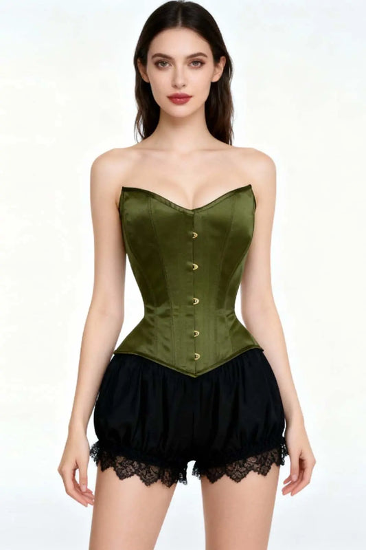 Corset Delandra Overbust din satin olive – siluetă sculptată și eleganță sofisticată