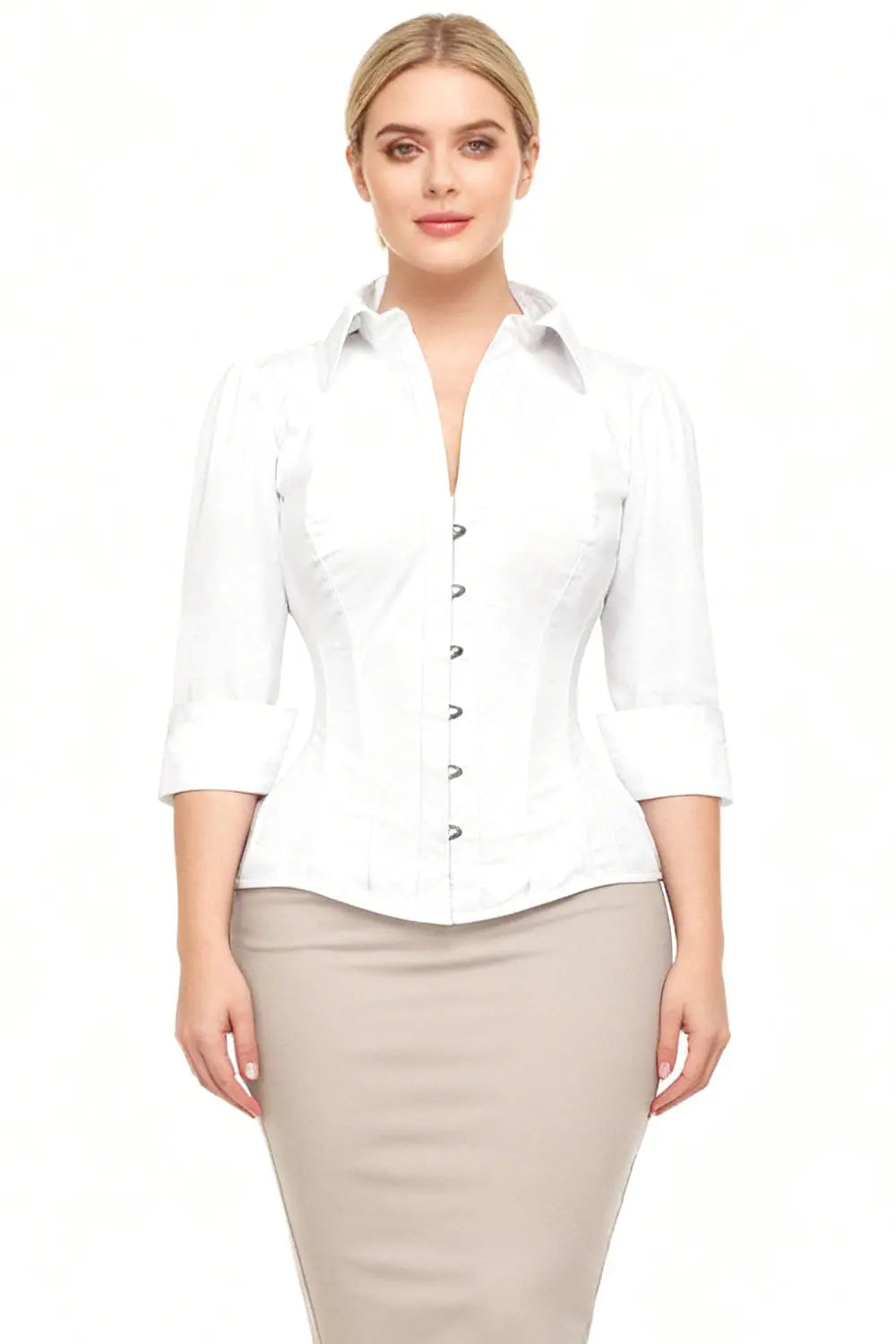 Corset tip cămașă Shirlene Overbust alb din bumbac – eleganță modernă și confort zilnic