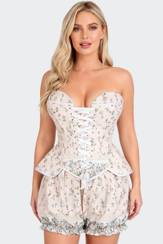 Monisha Vintage Pastel Floral Corset și Pantaloni Scurți Bufanți Set
