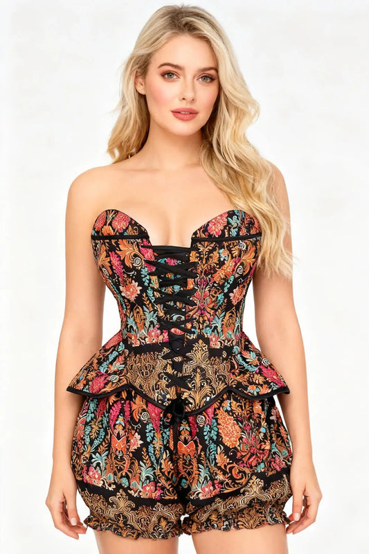 Jazette Bohemian Baroque Floral Corset și Pantaloni Scurți Bufanți Set