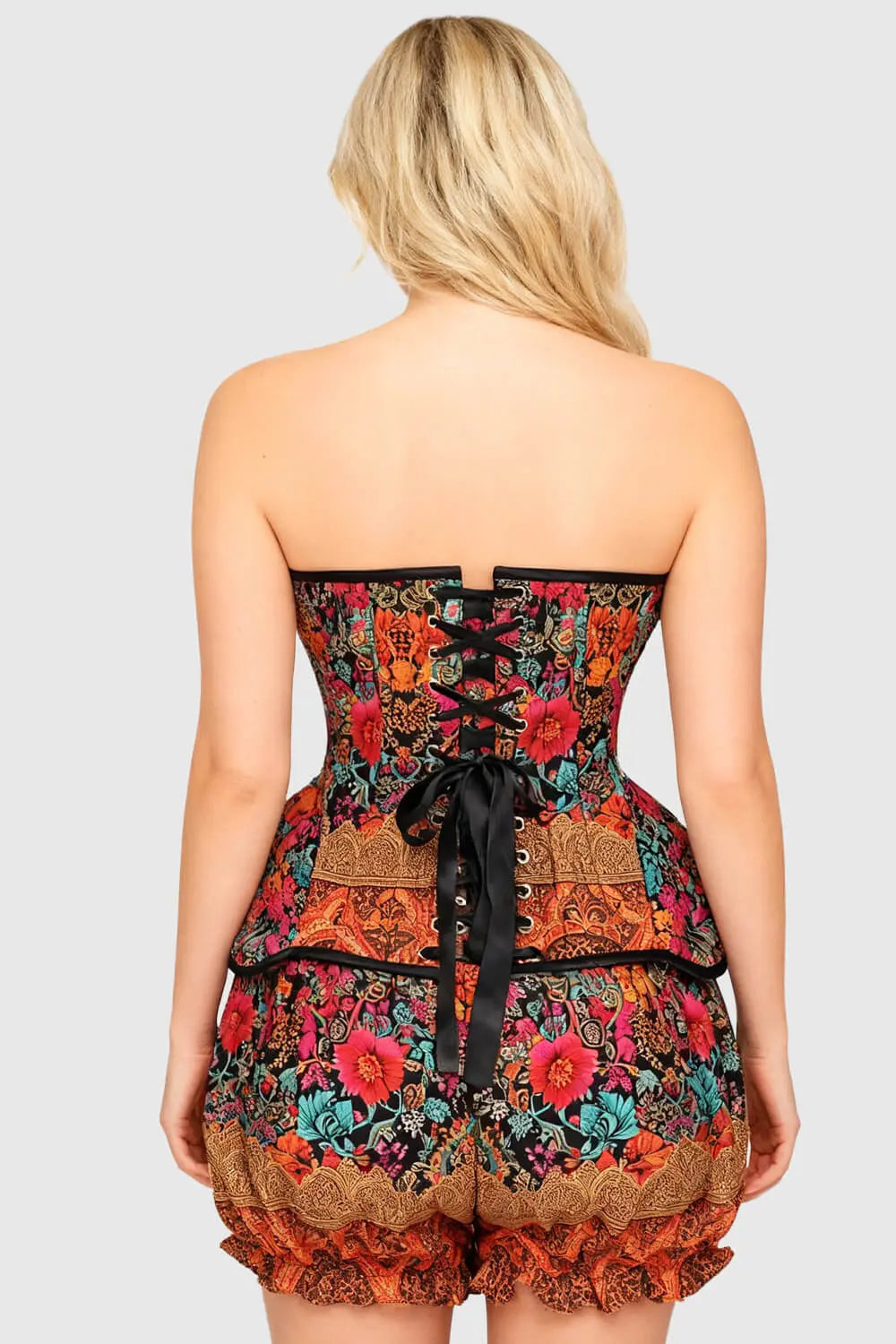 Jolean Vibrant Floral Baroque Corset și Pantaloni Scurți Bufanți Set