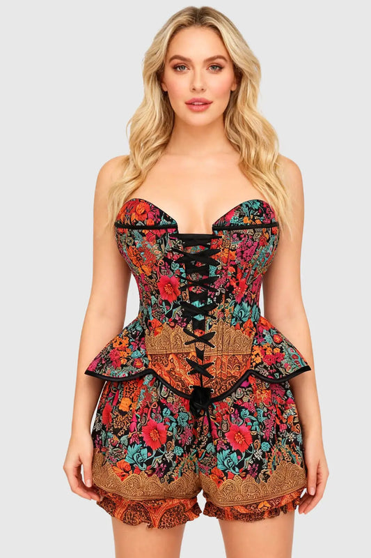Jolean Vibrant Floral Baroque Corset și Pantaloni Scurți Bufanți Set