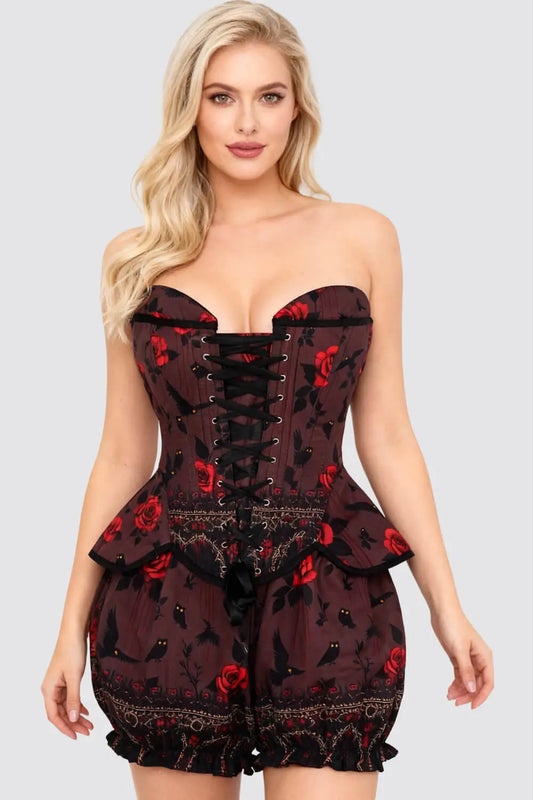 Brandalynn Crimson Night Owl Corset & Pantaloni Scurți Bufanți Set
