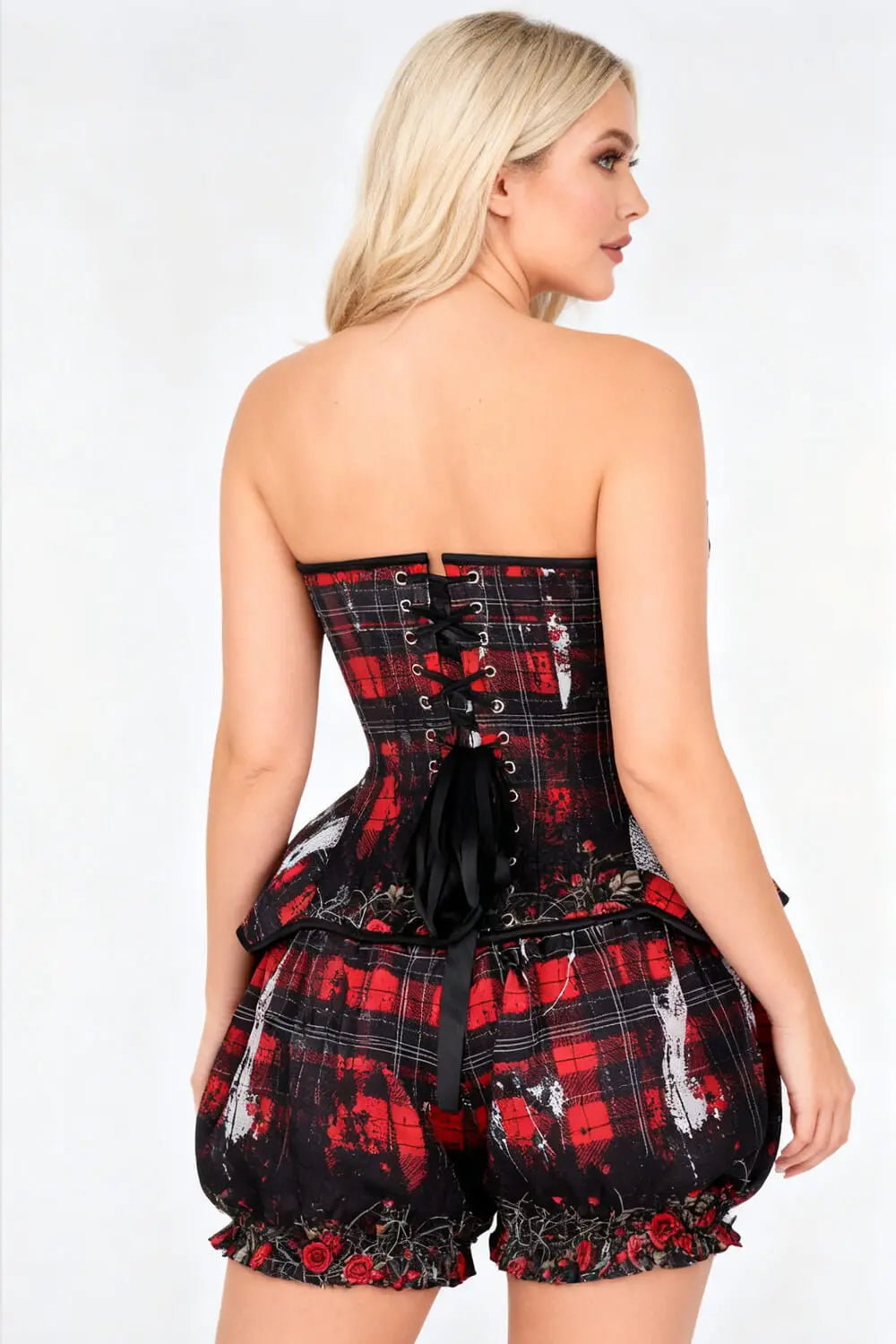 Whittnie Grunge Tartan Corset & Pantaloni Scurți Bufanți Set – Stil rebel cu influențe grunge