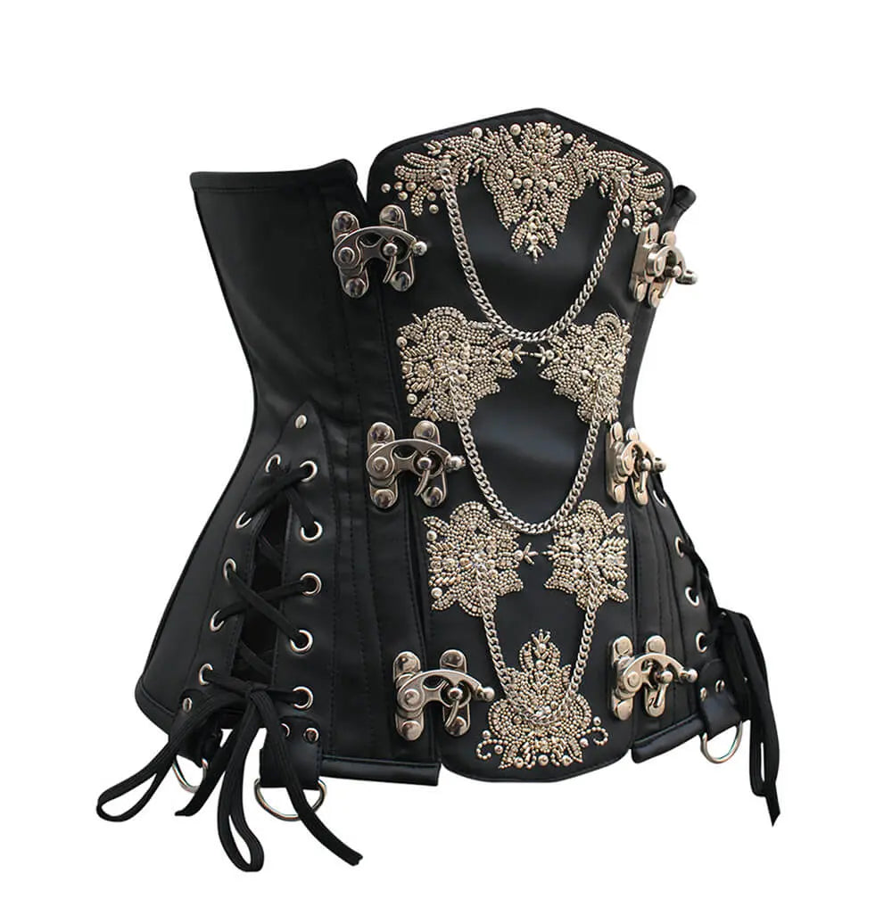 Corset Steampunk Heidi Underbust din Piele Ecologică cu Broderie și Lanțuri