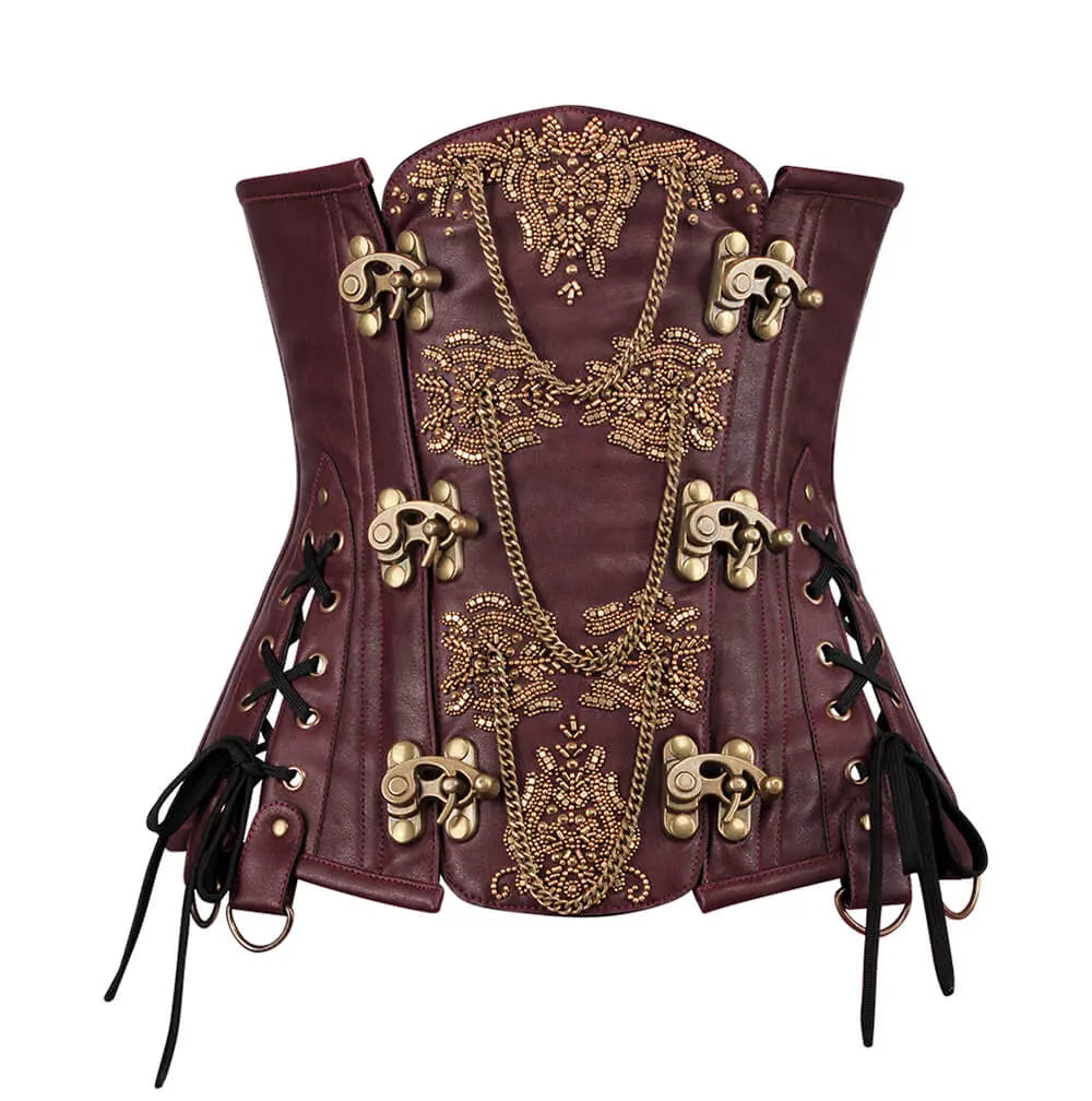 Corset Steampunk Heidi Underbust din Piele Ecologică cu Broderie și Lanțuri