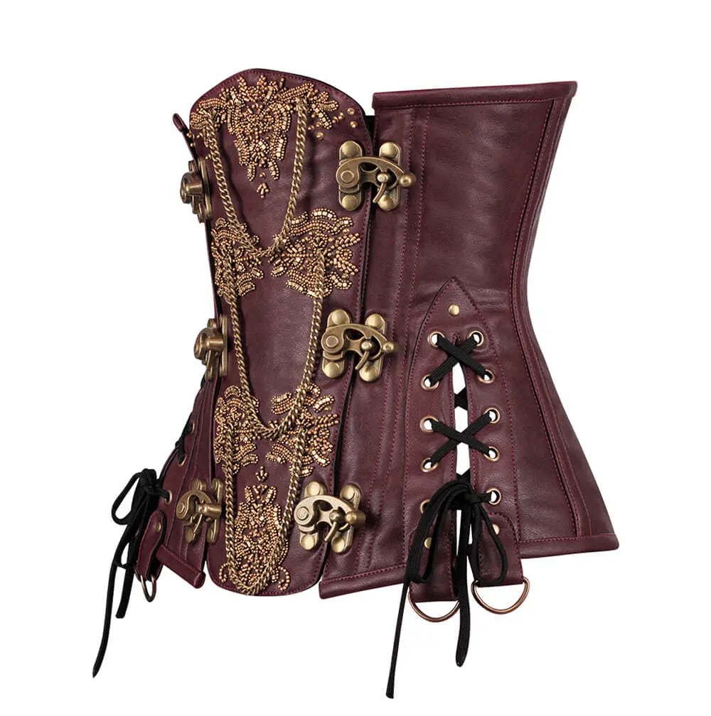 Corset Steampunk Heidi Underbust din Piele Ecologică cu Broderie și Lanțuri