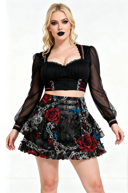 Ginna Baroque Gothic Inspired Mini Skirt – Fustă Mini Satinată cu Print Baroc și Volane