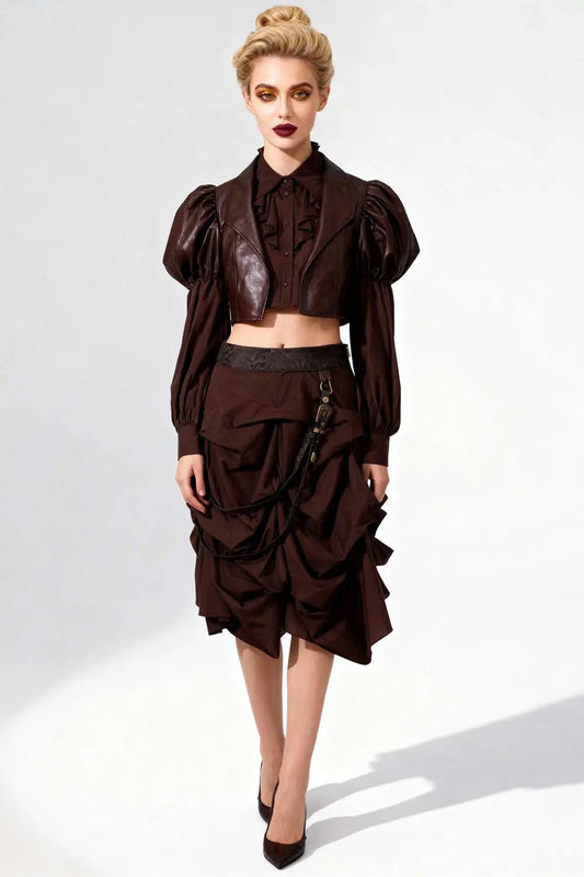 Shana Steampunk Brown Cotton Ruched Skirt – Fustă Ruched din Bumbac cu Talie Decorativă