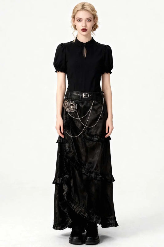Delores Steampunk Embroidered Layered Skirt – Fustă Neagră Satinată Asimetrică