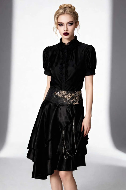 Fustă Steampunk Joleen Neagră din Satin, Model Asimetric cu Broderie