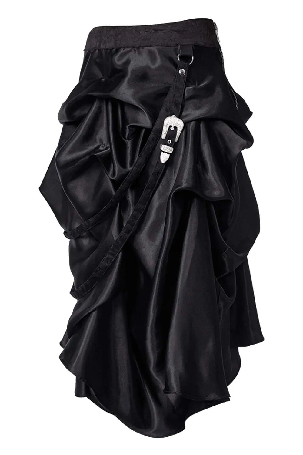 Fustă Steampunk Satin Negru cu Drapaj – Eleganță Victoriană Stil Gothic