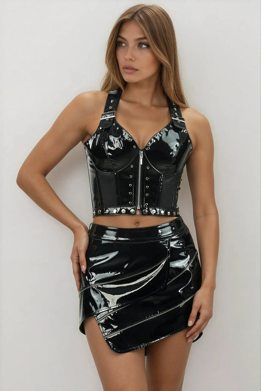 Set corset și fustă din PVC negru lucios Kimberlie Black
