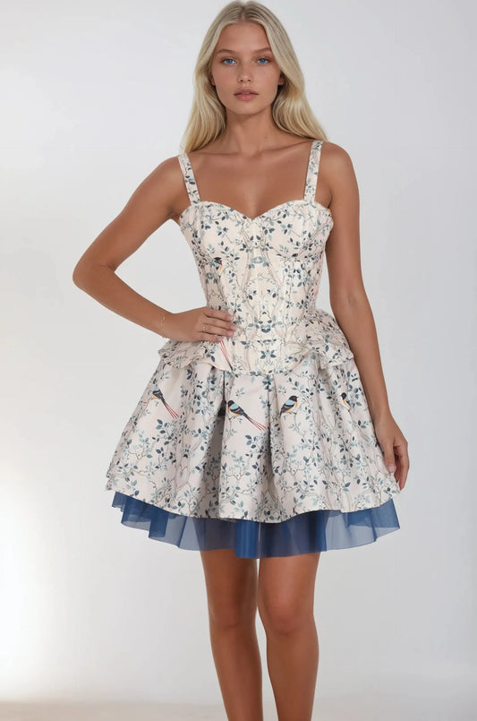 Set corset si fusta cu imprimeu păsări Song Bird Nolie din tafta crem.