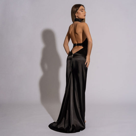 Rochie lunga neagra din satin cu spate gol Black Orchid